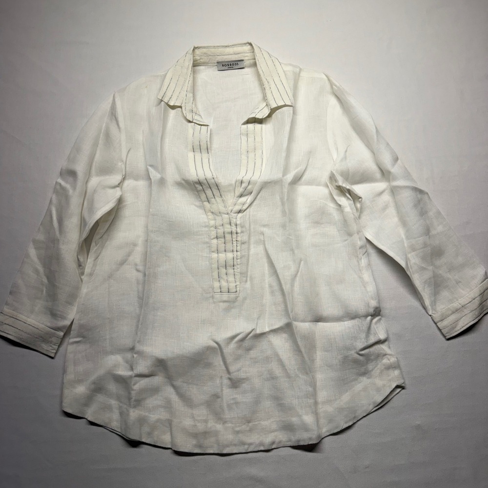 Rosso35 Made Italy Linen Tunic Blouse IT 40 White Silver Metallic Detail Top